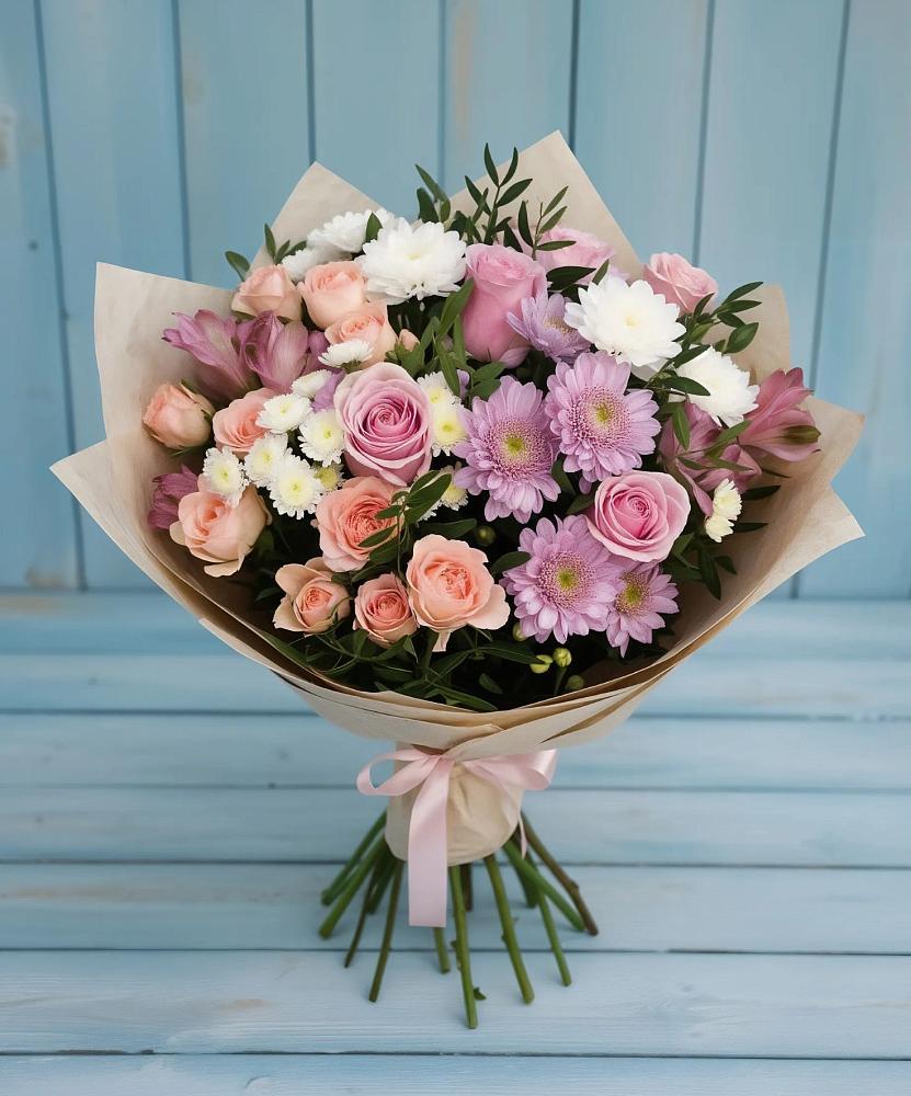 Букет цветов из: Хризантемы, Розы и Альстромерии в Питерке