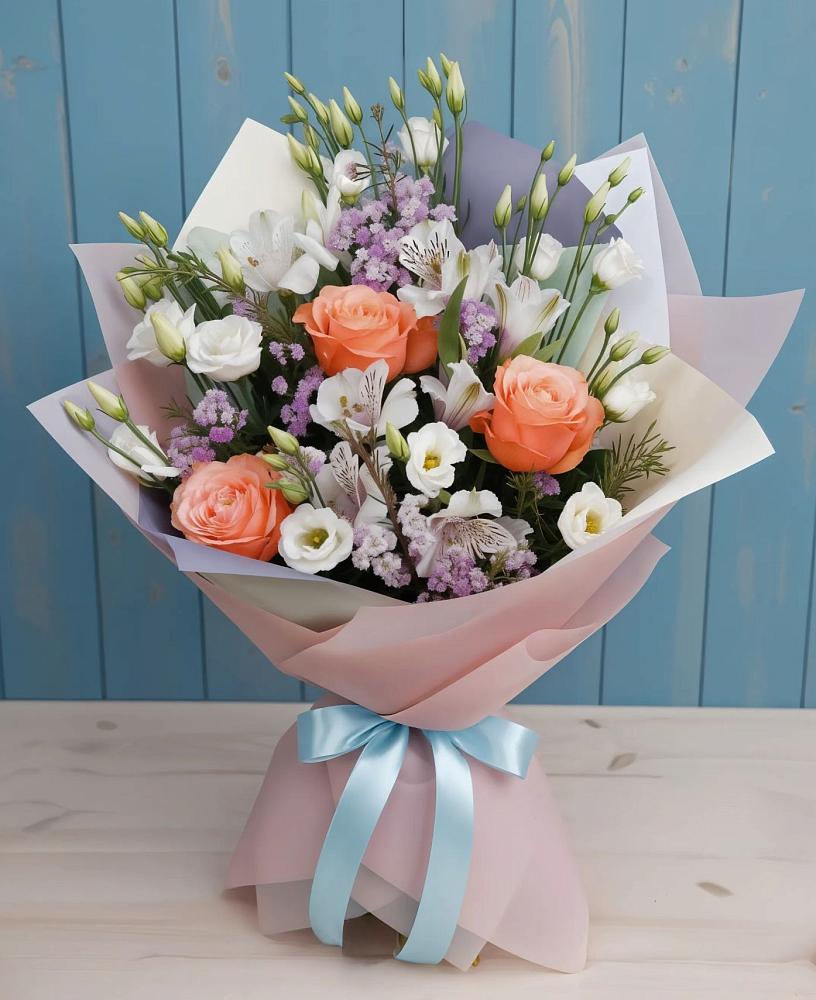 Букет цветов из: Лизиантусы, Розы, Альстромерии и Гипсофила в Питерке