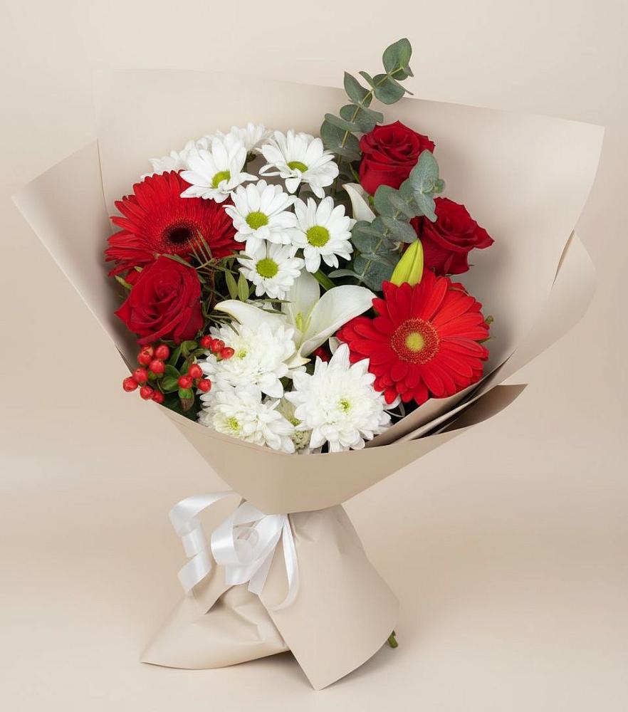 Букет цветов из: Розы, Хризантемы, Герберы и Лилии в Питерке